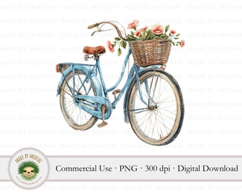 Imágenes prediseñadas de bicicleta de flores, bicicleta vintage azul con gráfico de sublimación de cesta de flores, lindo dibujo de primavera, uso comercial Descarga digital PNG
