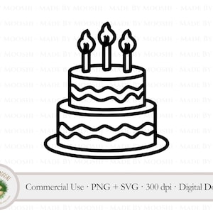 May include: A black and white line drawing of a two-tiered birthday cake with three candles on top.