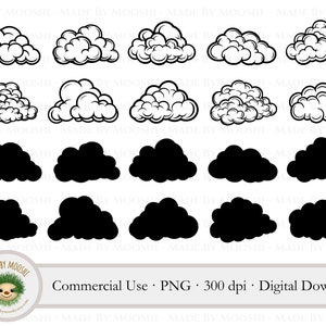 Bundle de cliparts nuage, simple silhouette noire contour graphique nuage duveteux, fichier de coupe réaliste nuages météo, usage Commercial PNG SVG