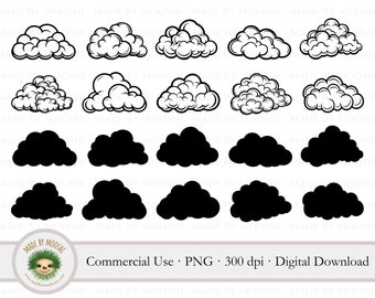 Cloud Clipart Bundle, Simple Black Silhouette Outline Fluffy Cloud Graphics, Realistic Storm Weather Clouds Cut File, Commercial Use SVG PNG