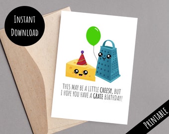 Printable Cheesy Happy Birthday Card, Cheese and Grater Celebration, Funny Dad Joke Pun Gift, Digital Download, Print From Home PDF JPEG