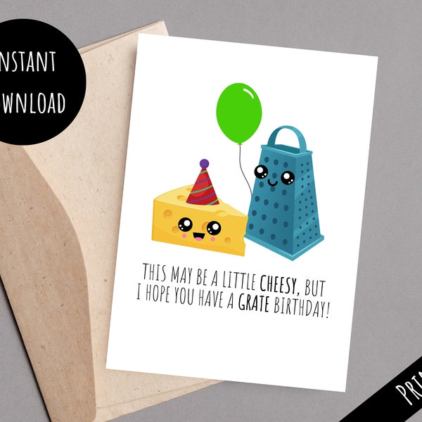 Printable Cheesy Happy Birthday Card, Cheese and Grater Celebration, Funny Dad Joke Pun Gift, Digital Download, Print From Home PDF JPEG