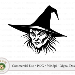 May include: Black and white illustration of a witch with a pointed hat and a stern expression.