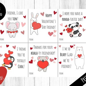 Paquete de 6 tarjetas imprimibles del Día de San Valentín, tema de animales para niños, etiquetas lindas y divertidas para fiestas escolares, bricolaje de impresión fácil, descarga digital instantánea en PDF