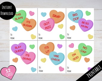 Printable 12 Pack Funny Candy Heart Cards, Valentine's Day Gen Z Millennial Conversation Hearts, Cute Easy Print DIY,  Digital Download PDF