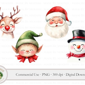 Holiday Friends Watercolor Bundle Clipart, Boże Narodzenie Santa Bałwan Jeleń Elf Sublimacja Grafiki, Uroczy Sezon Xmas PNG, Użytek Komercyjny