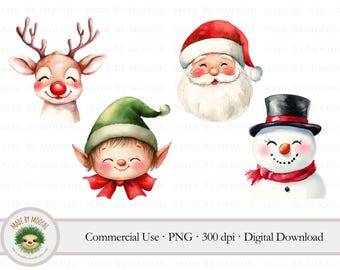 Holiday Friends Watercolor Bundle Clipart, Christmas Santa Snowman Deer Elf Sublimation Graphics, Cute Xmas Season PNG, Commercial Use