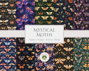 Mystical Moths Digital Paper, Witchy Magical Flying Night Moths Moths Seamless Pattern, Dark Celestial Moon and Stars, Commercial Use PNG