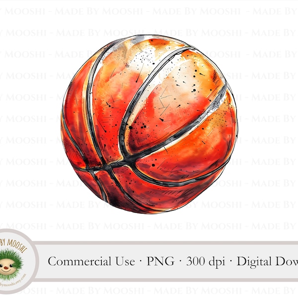 Basketball Clipart, Watercolor Basketball Game Sublimation Graphic, Simple Basketball Sport Drawing, Commercial Use Digital Download PNG