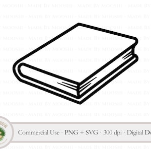 May include: Black and white line drawing of a closed book. The book is drawn in a simple, cartoon style.