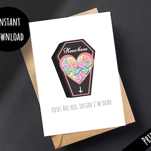 Tarjeta imprimible sin corazón anti San Valentín, caja de corazones de caramelo de rechazo emo espeluznante, lindo ataúd gótico pastel, descarga digital PDF JPG