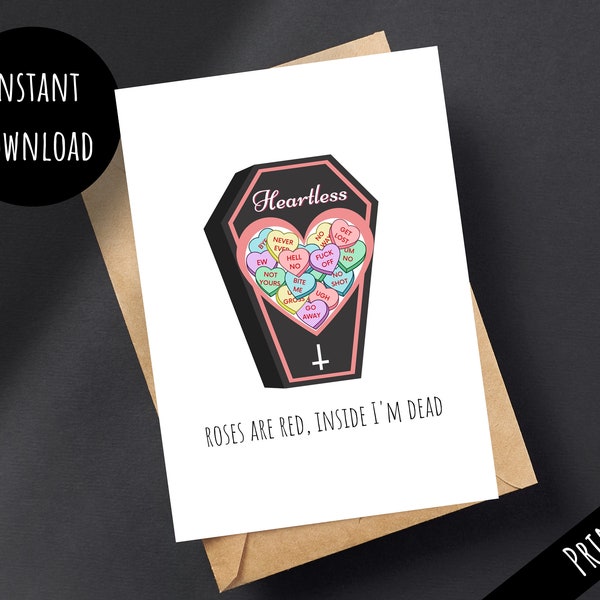 Printable Heartless Anti Valentine's Day Card, Spooky Emo Rejection Candy Hearts Box, Cute Pastel Goth Coffin, Digital Download PDF JPG