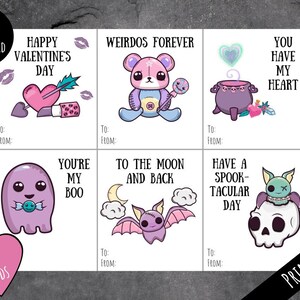 Tarjetas de San Valentín góticas pastel imprimibles, lindos murciélagos y calaveras místicos, etiquetas de regalo de dulces emo espeluznantes, impresión de descarga digital desde casa PDF
