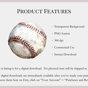 Baseball Clipart, Watercolor Baseball Game Sublimation Graphic, Simple Baseball Sport Drawing, Commercial Use Digital Download PNG image 2