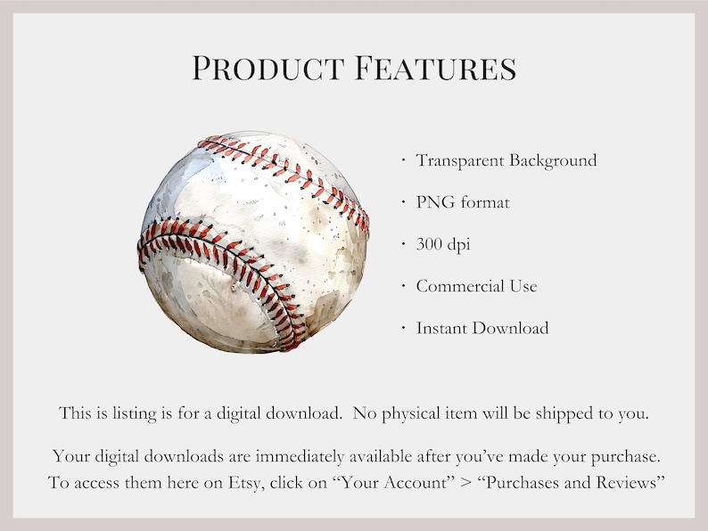 Baseball Clipart, Watercolor Baseball Game Sublimation Graphic, Simple Baseball Sport Drawing, Commercial Use Digital Download PNG image 2