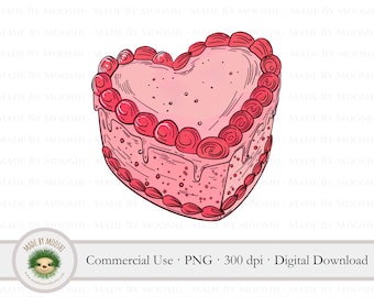 Pink Heart Shape Cake Clipart, Valentine's Heart Cake Sublimation Graphic, Cute Pastel Coquette Drawing, Commercial Use Digital Download PNG