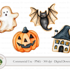 Clipart di pacchetto acquerello di biscotti di zucchero di Halloween, grafica di sublimazione della casa dei pipistrelli fantasma di zucca, stagione spettrale autunnale carina PNG, uso commerciale