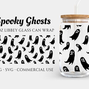 May include: A printable design for a 16 oz glass can wrap featuring a spooky ghost pattern. The design is black and white and features a repeating pattern of ghosts. The text "Spooky Ghosts" is at the top of the design. The text "16 oz LIBBEY GLASS CAN WRAP" is below the title. The text "PNG - SVG - COMMERCIAL USE" is at the bottom of the design.