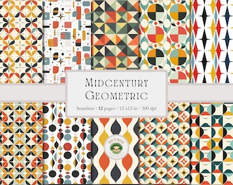 Midcentury Modern Geometric Digital Paper, Retro Abstract 70's Groovy Seamless Pattern, Simple Vintage Shapes Design, Commercial Use PNG