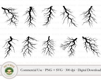 Lightning Bolt Clipart Bundle, Simple Black Silhouette Storm Graphics, Realistic Lightning Weather Strike Cut File, Commercial Use SVG PNG