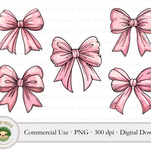 Puede incluir: Cinco ilustraciones de lazos rosas dibujados a mano. Los lazos están en varias posiciones y tamaños. Los lazos están sobre un fondo blanco.