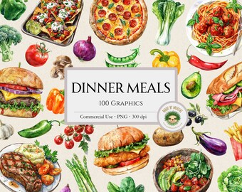 Dinner Meals Watercolor Clipart Bundle, Assorted Vegetable Dinner Plate Sublimation Graphics, Cute Cooking Food Design, Commercial Use PNG