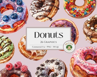 Donuts Watercolor Bundle Clipart, Assorted Frosted Sprinkle Donut Sublimation Graphics, Cute Sweet Bakery Dessert Design, Commercial Use PNG