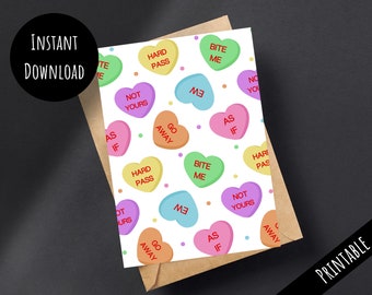 Printable Anti Valentine's Day Candy Heart Card, Funny Sarcastic Rude V Day Gift, Conversation Heart Easy Print At Home, Download 5x7 PDF