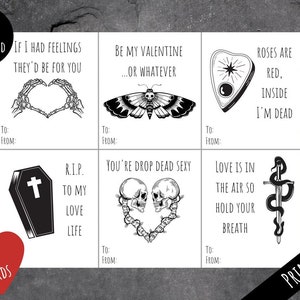 Afdrukbare 6 Pack Valentijnsdag, Spooky Emo Skull Cards, Funny Goth Anti Valentijnsdag, Cadeau voor horrorliefhebbers, Instant Digitale Download PDF