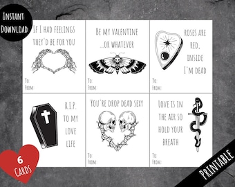 Printable 6 Pack Valentines, Spooky Emo Skull Cards, Funny Goth Anti Valentine's Day, Gift For Horror Lovers, Instant Digital Download PDF