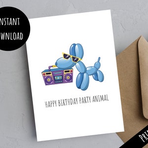 Tarjeta de feliz cumpleaños con globo de animales de fiesta divertida imprimible, tarjeta temática Boombox de Pun lindo de los años 90, descarga digital instantánea de impresión fácil 5x7 PDF JEP