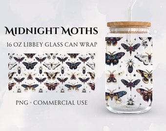 Midnight Moths Libbey Glass Wrap, Cute Magical Witchy Insects Moon Stars Spooky Graphics, 16oz Beer Glass Cup Seamless Design, Download PNG