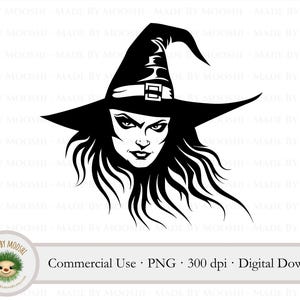 Hexe Gesicht Clipart, einfache schwarze Silhouette junge witchy Frau mit Hut Grafik, Halloween gruselige Saison geschnitten Datei, kommerzielle Nutzung SVG PNG