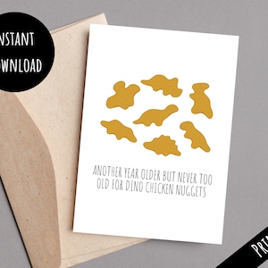 Tarjeta de feliz cumpleaños de Dino Chicken Nuggets imprimible, regalo de Dinosaur Chicky Nuggies, impresión instantánea desde casa, descarga digital PDF JPEG