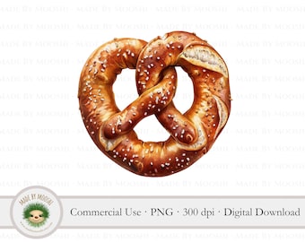 Salted Soft Pretzel Watercolor Clipart, Bavarian Pretzel Sublimation Graphic, Cute Homemade Snack Food Drawing, Commercial Use Download PNG
