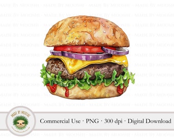 Burger Clipart, Watercolor Cheeseburger Sesame Bun Sublimation Graphic, Simple Fast Food Meal Drawing, Commercial Use Digital Download PNG