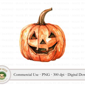 May include: A watercolor illustration of an orange pumpkin with a carved jack-o'-lantern face. The pumpkin has a wide, toothy grin and a triangular nose.