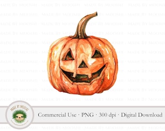 Jack O Lantern Watercolor Clipart, Cute Halloween Face Pumpkin Sublimation Graphic, Spooky Season Drawing, Commercial Use Download PNG