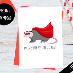 Cartão de aniversário engraçado de super gambá para impressão, cartão de felicitações de trocadilho de animal de super-herói fofo, impressão fácil, download digital instantâneo 5x7 PDF JPEG