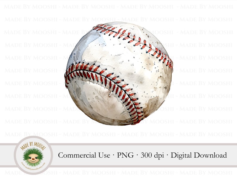 May include: A watercolour illustration of a baseball. The baseball is white with red stitching and has a worn, vintage look.