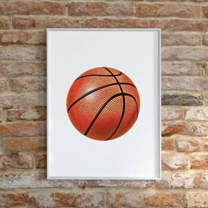 May include: A framed print of a basketball on a white background. The basketball is orange and brown with black lines.