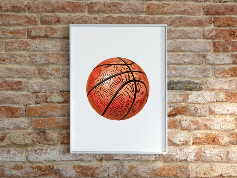 May include: A framed print of a basketball on a white background. The basketball is orange and brown with black lines.