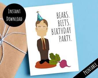 Printable The Office Dwight Schrute Bears Beets Happy Birthday Party Card, Funny Bobblehead Celebration Gift, Digital Download PDF JPG