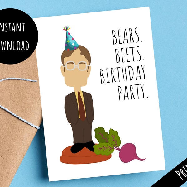 Printable The Office Dwight Schrute Bears Beets Happy Birthday Party Card, Funny Bobblehead Celebration Gift, Digital Download PDF JPG