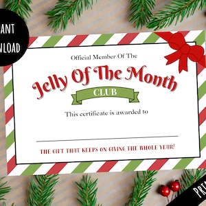 Afdrukbare Jelly of the Month Club-certificaat, grappige kerstvakantie een jaar lidmaatschapskaart cadeau, gestreepte kerst digitale download PDF JPG