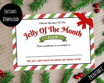 Printable Jelly Of The Month Club Certificate, Funny Christmas Vacation One Year Membership Card Gift, Striped Xmas Digital Download PDF JPG