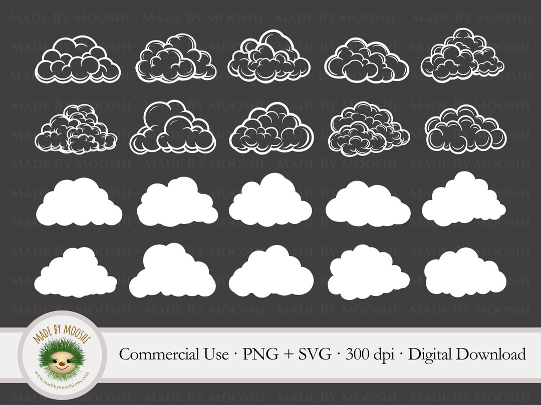 Cloud Clipart Bundle, Simple White Silhouette Outline Fluffy Cloud ...