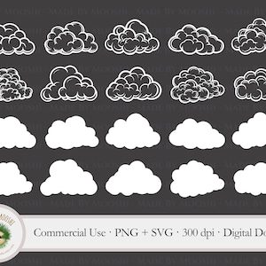 Bundle de cliparts nuage, simple silhouette blanche contour graphique nuage duveteux, fichier de coupe réaliste nuages météo, usage Commercial PNG SVG