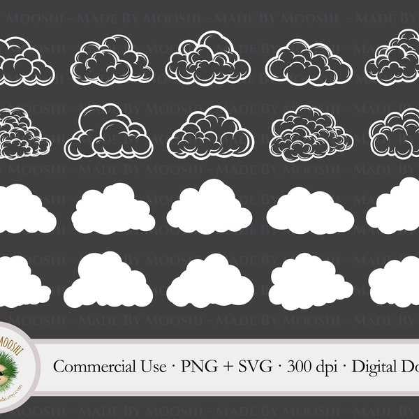 Cloud Clipart Bundle, Simple White Silhouette Outline Fluffy Cloud Graphics, Realistic Storm Weather Clouds Cut File, Commercial Use SVG PNG