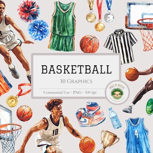 Basketball Aquarell Bundle Clipart, Basketball Court Hoop Team Spieler Sublimation Grafiken, Sportspiel Design, kommerzielle Nutzung PNG